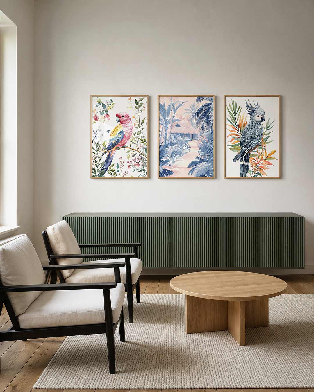Vogel en bloemen posterset – tweede productweergave – een kleurrijke vogel zit op een tak, omringd door delicate