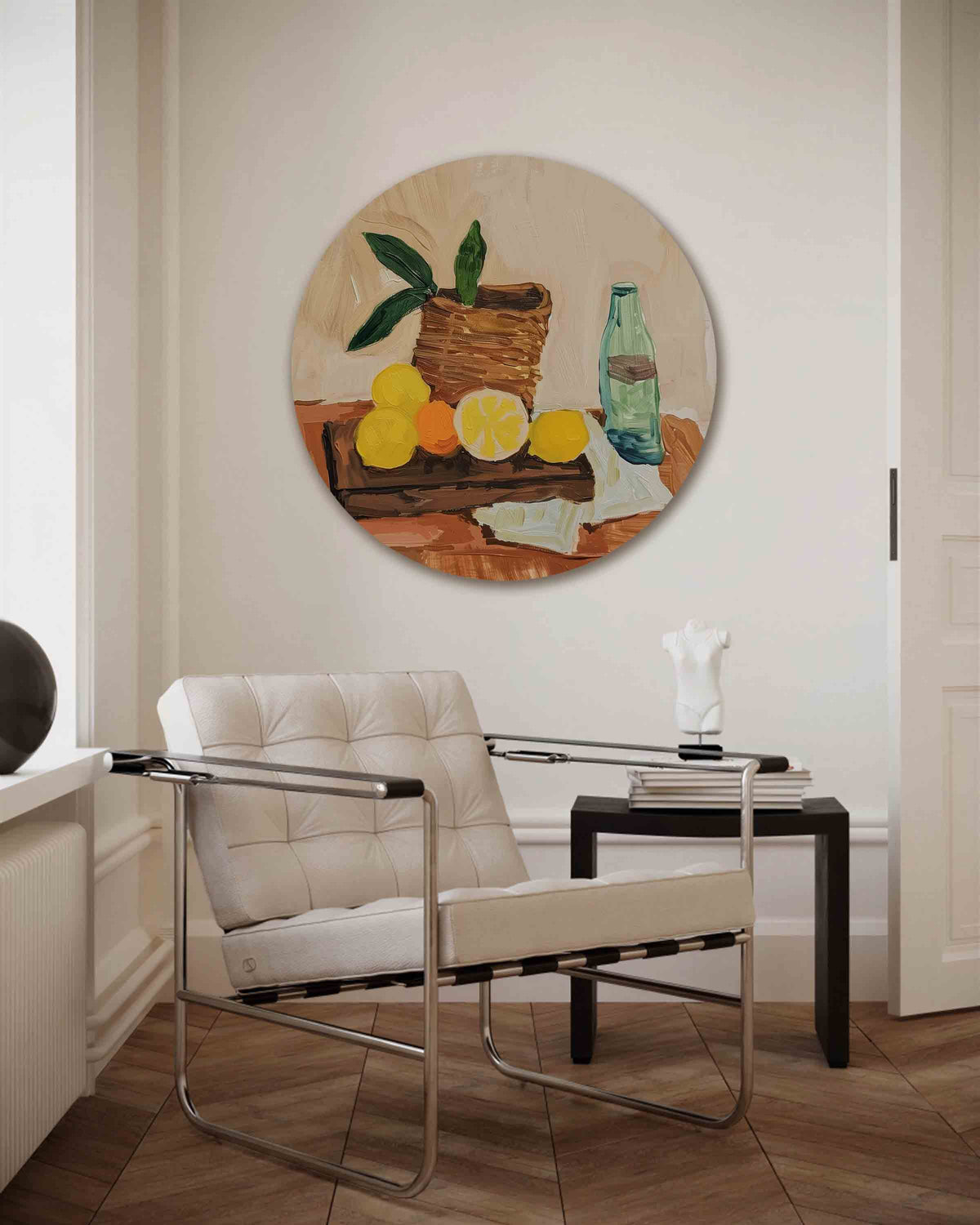 Fruit en fles – kleurrijke muurcirkel als ronde wanddecoratie