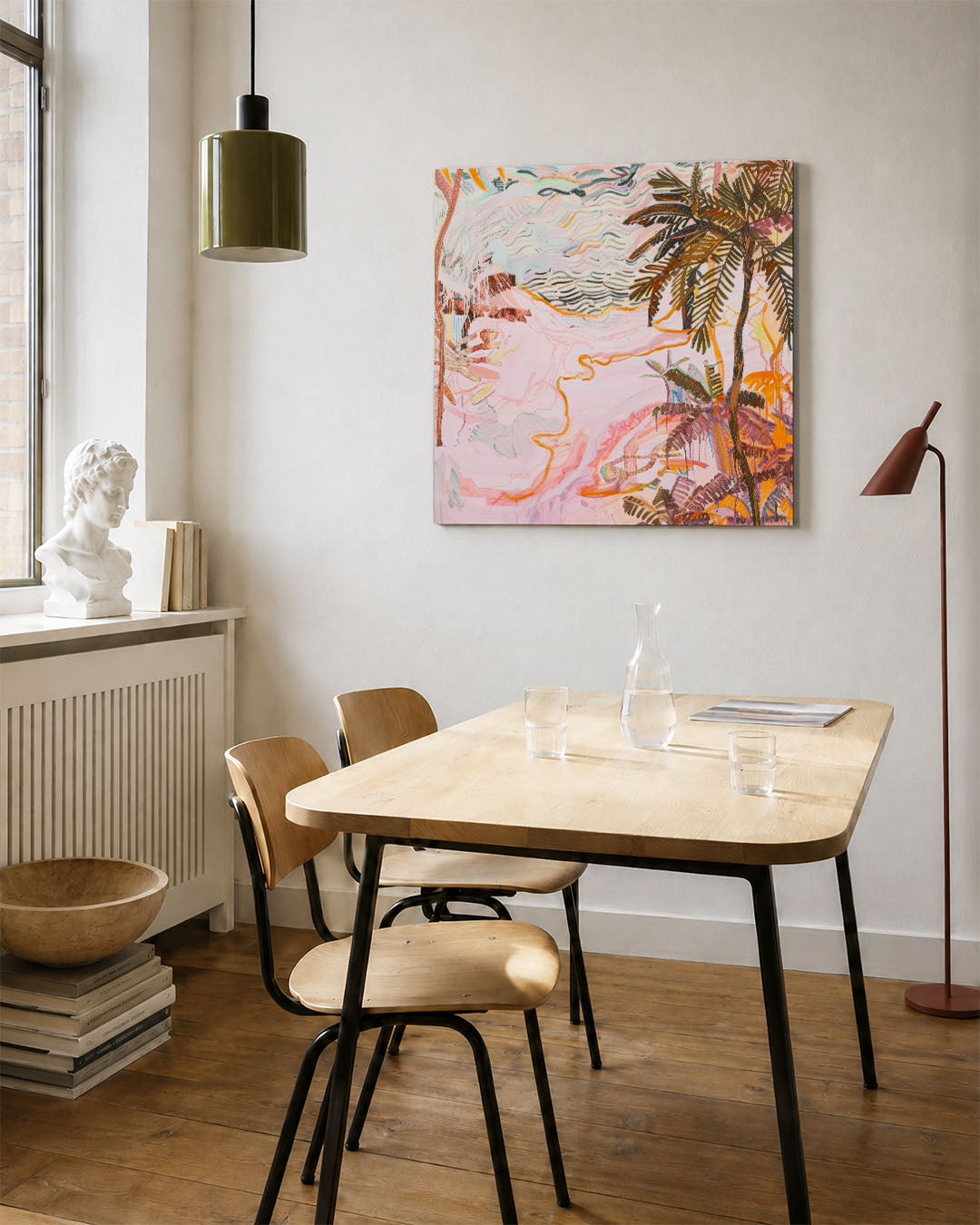 Tropische droomlandschap kunstwerk – vierkante wanddecoratie – dit werk toont een levendig tafereel met golvende lijnen en