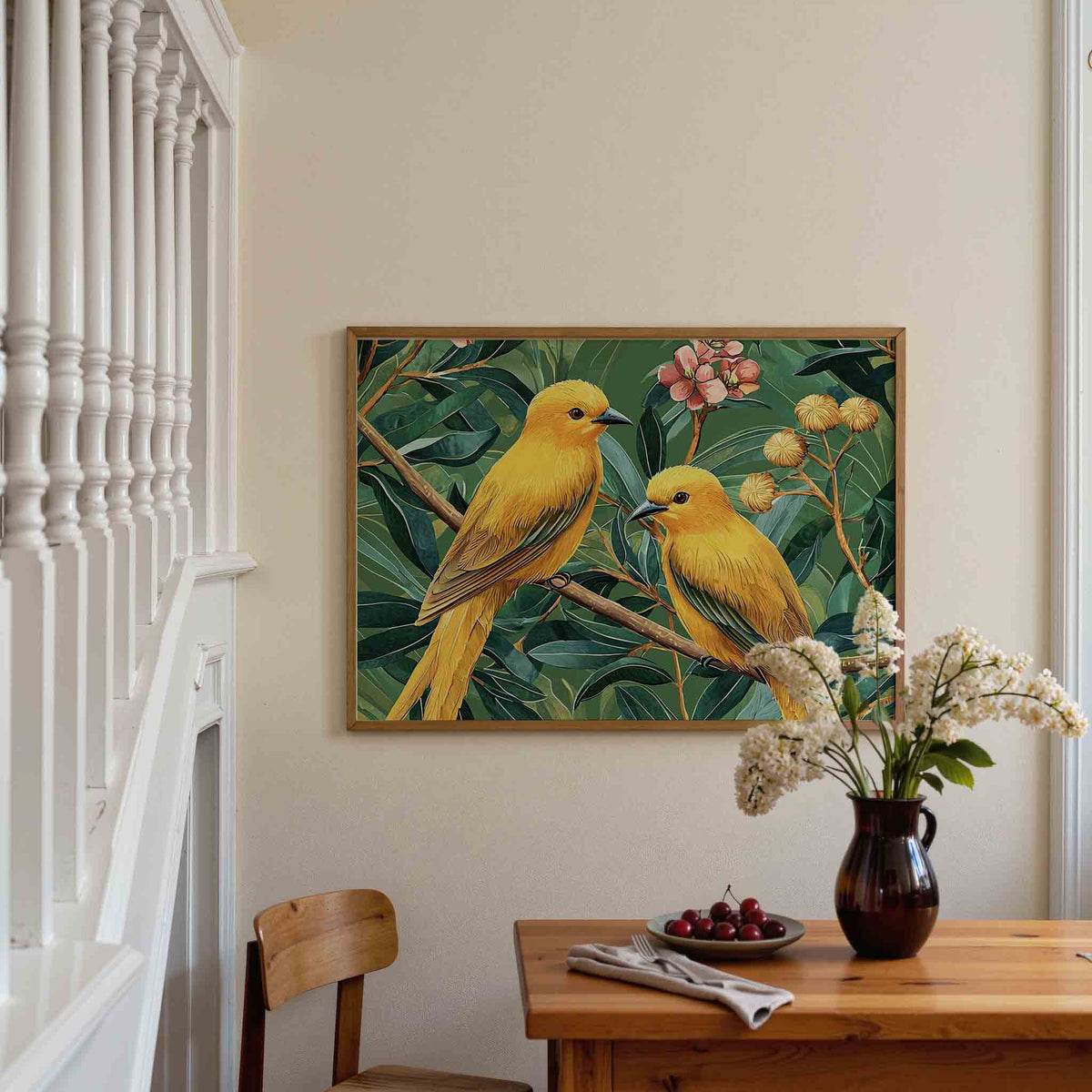 Gele vogels en bladeren – dieren poster in liggend formaat