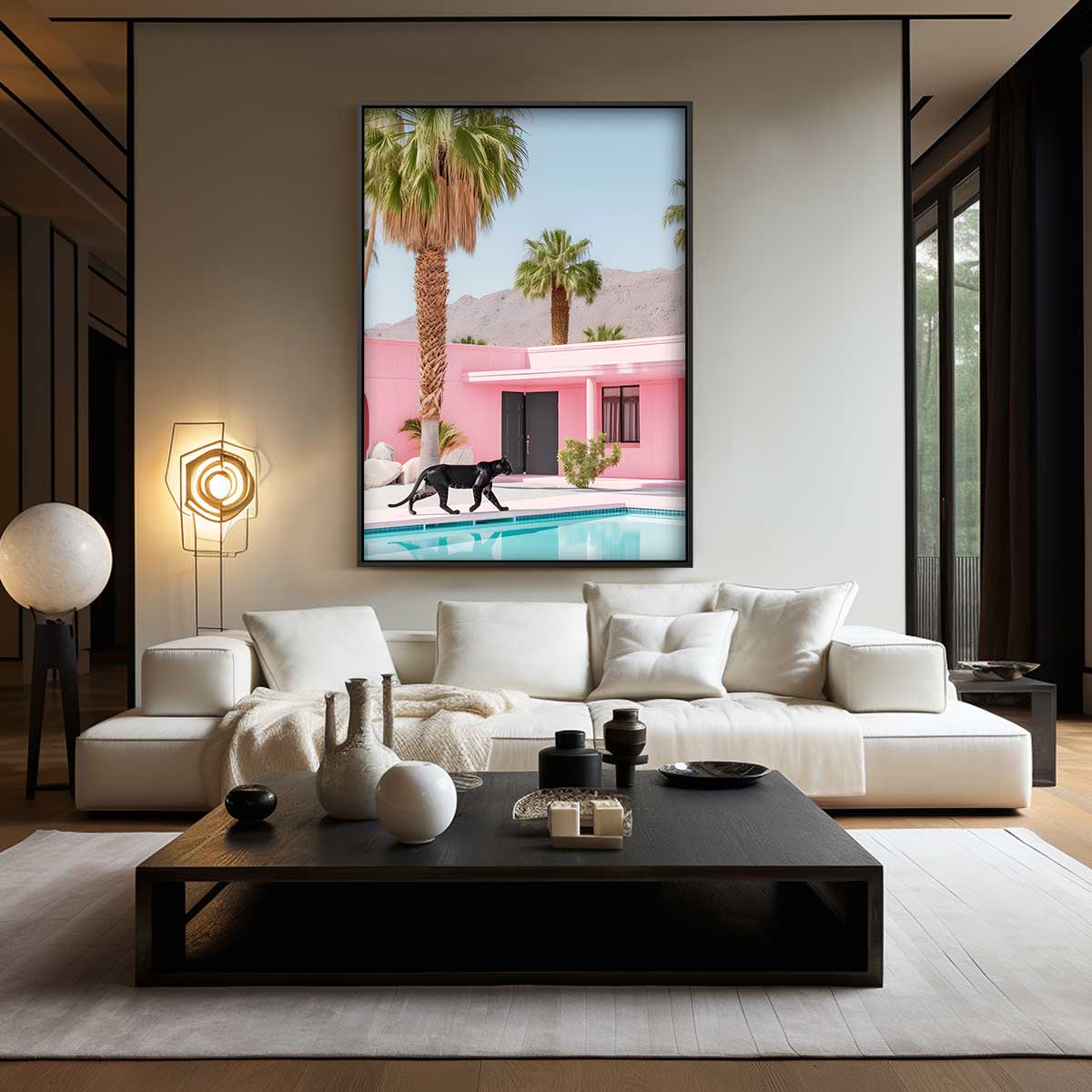 Zwervende Panter bij Roze Oase – canvas wanddecoratie in portret formaat