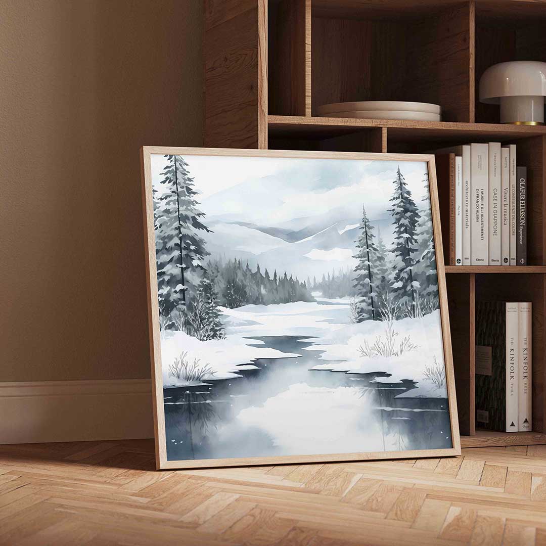 Winterlandschap met besneeuwde bomen – vierkante kerst wanddecoratie van WallArtistic