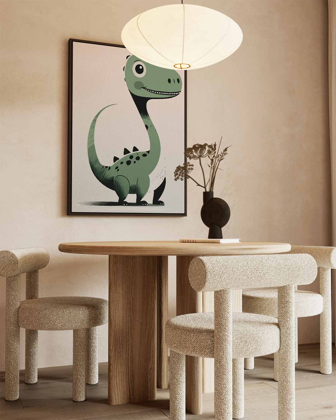 Vrolijke Groene Dino Illustratie – staand kunstwerk voor modern interieur