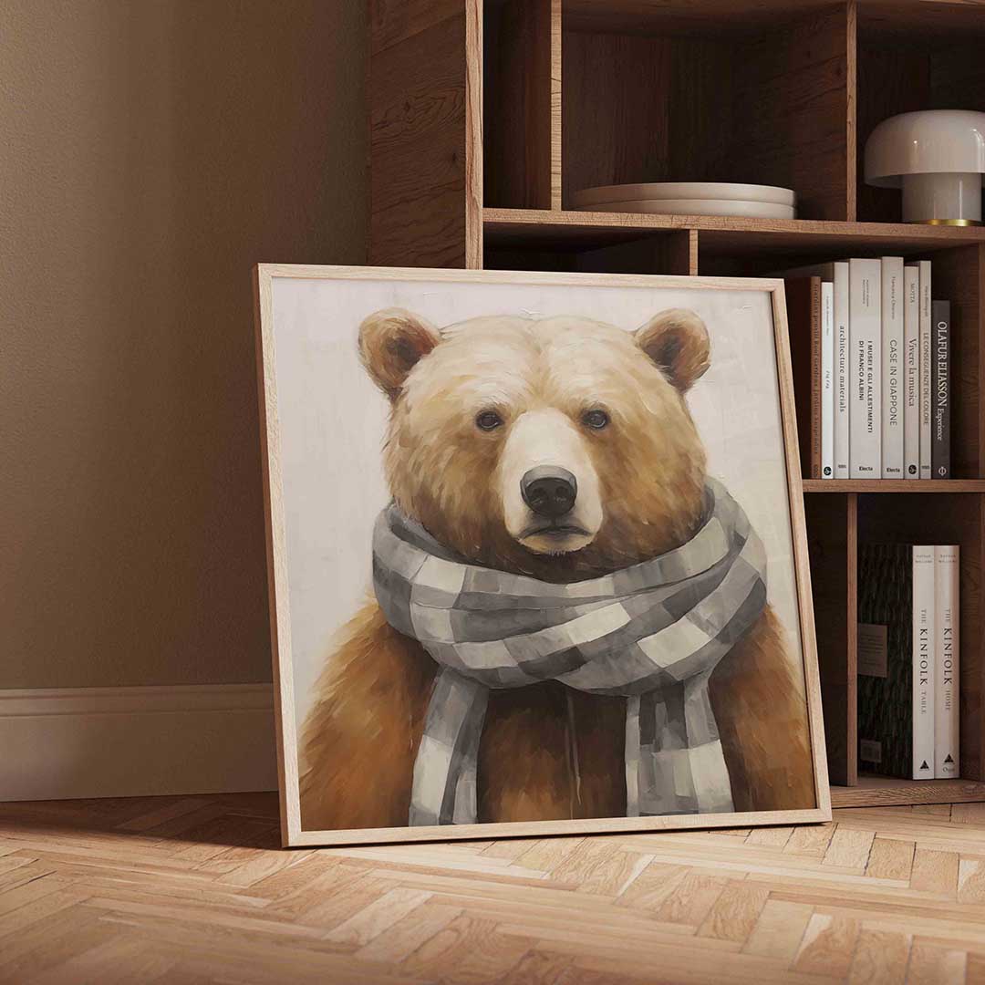Beer met sjaal – vierkante kerst wanddecoratie van WallArtistic