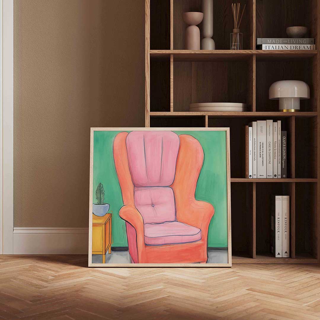 Roze fauteuil en groene muur – vierkante design wanddecoratie van WallArtistic