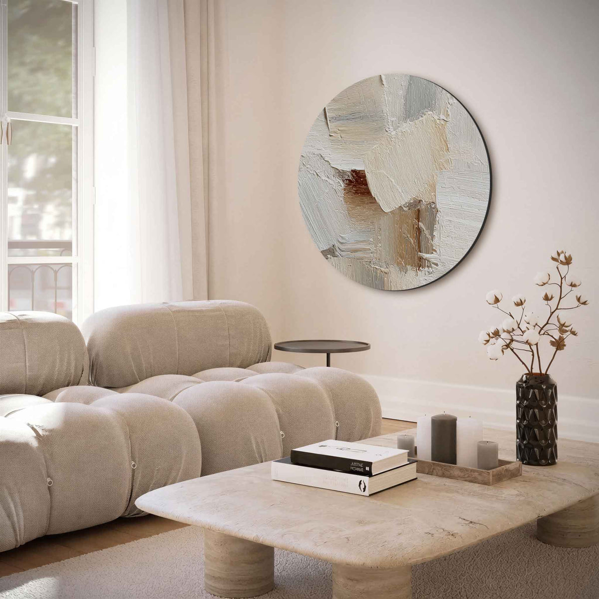 Abstracte beige – muurcirkel met abstracte texturen voor aan de muur