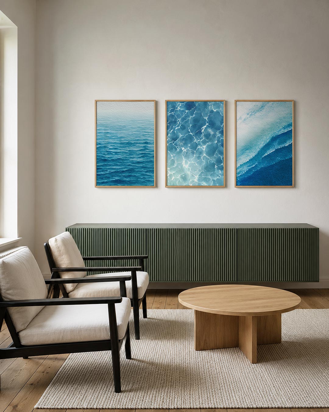 Golvend blauw ritme posterset – tweede productweergave – deze afbeelding toont een zee van blauwe tinten die in