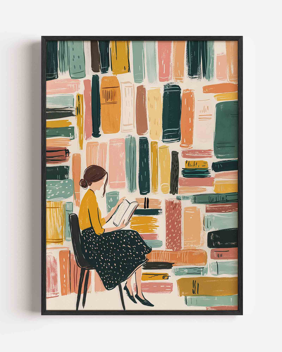 Lezende vrouw met boeken – hedendaagse illustratie portret poster als wanddecoratie