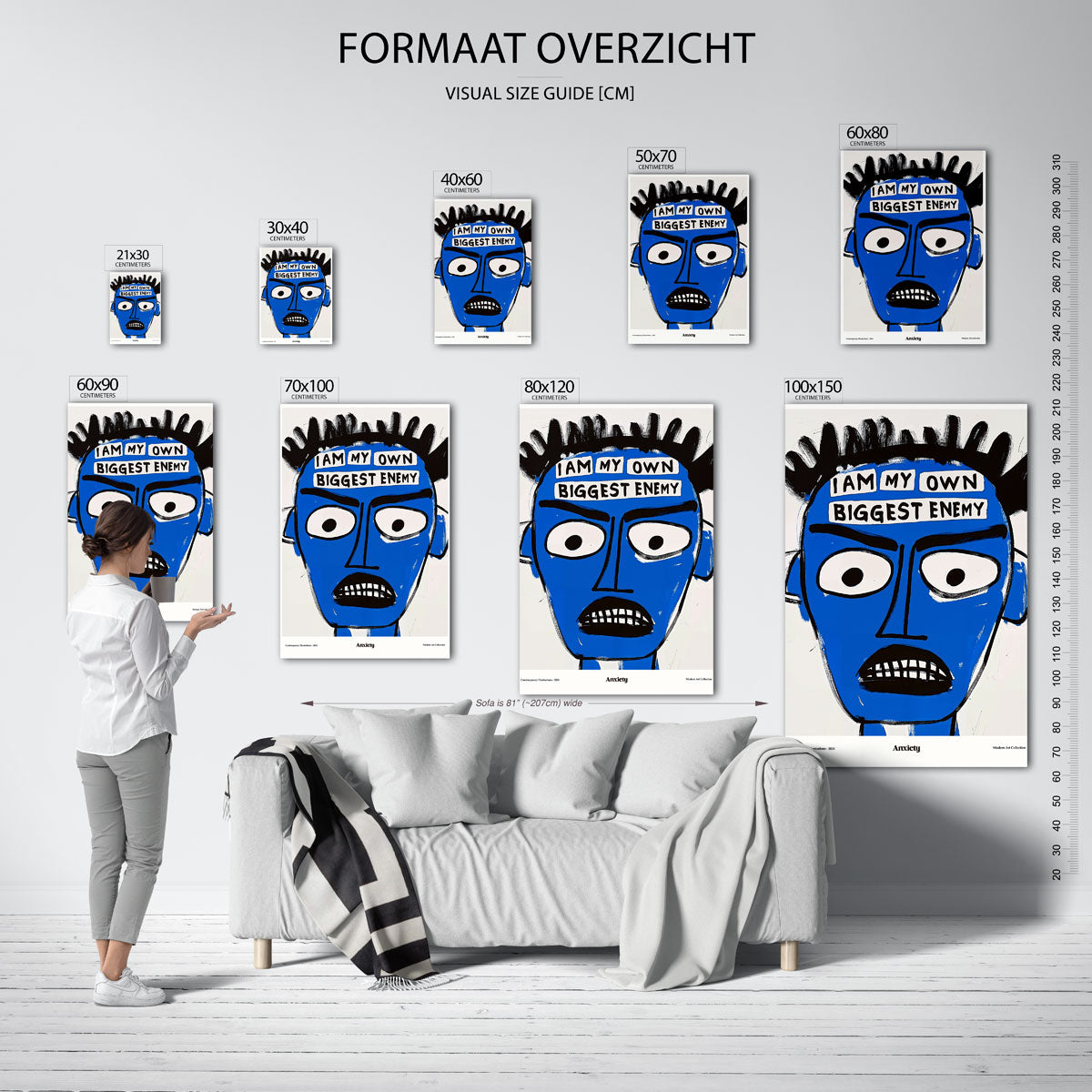 Blauw gezicht met tekst – staande muurposter met Pop Art uitstraling
