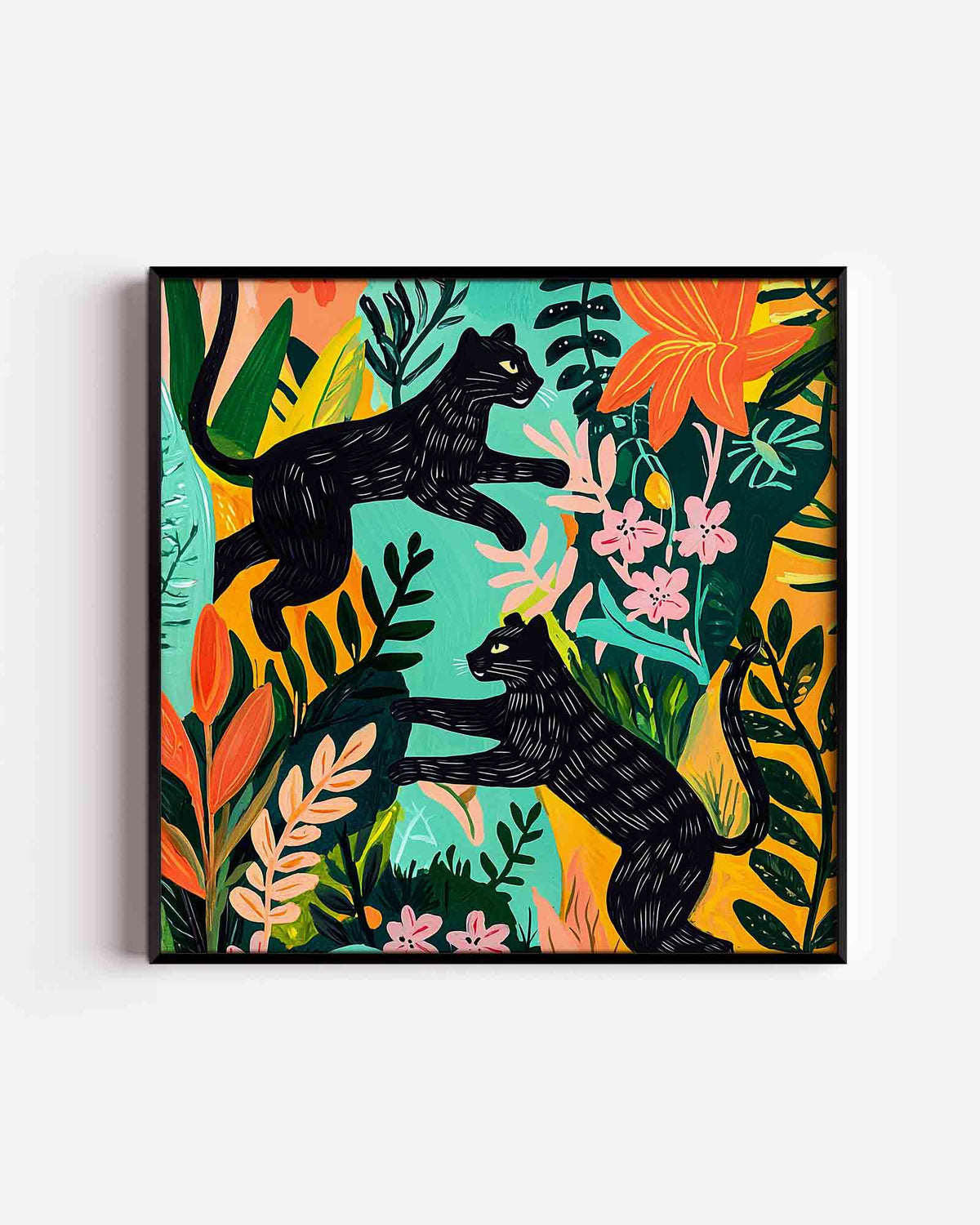Zwarte panters en bloemen – vierkante dierenposter als wanddecoratie