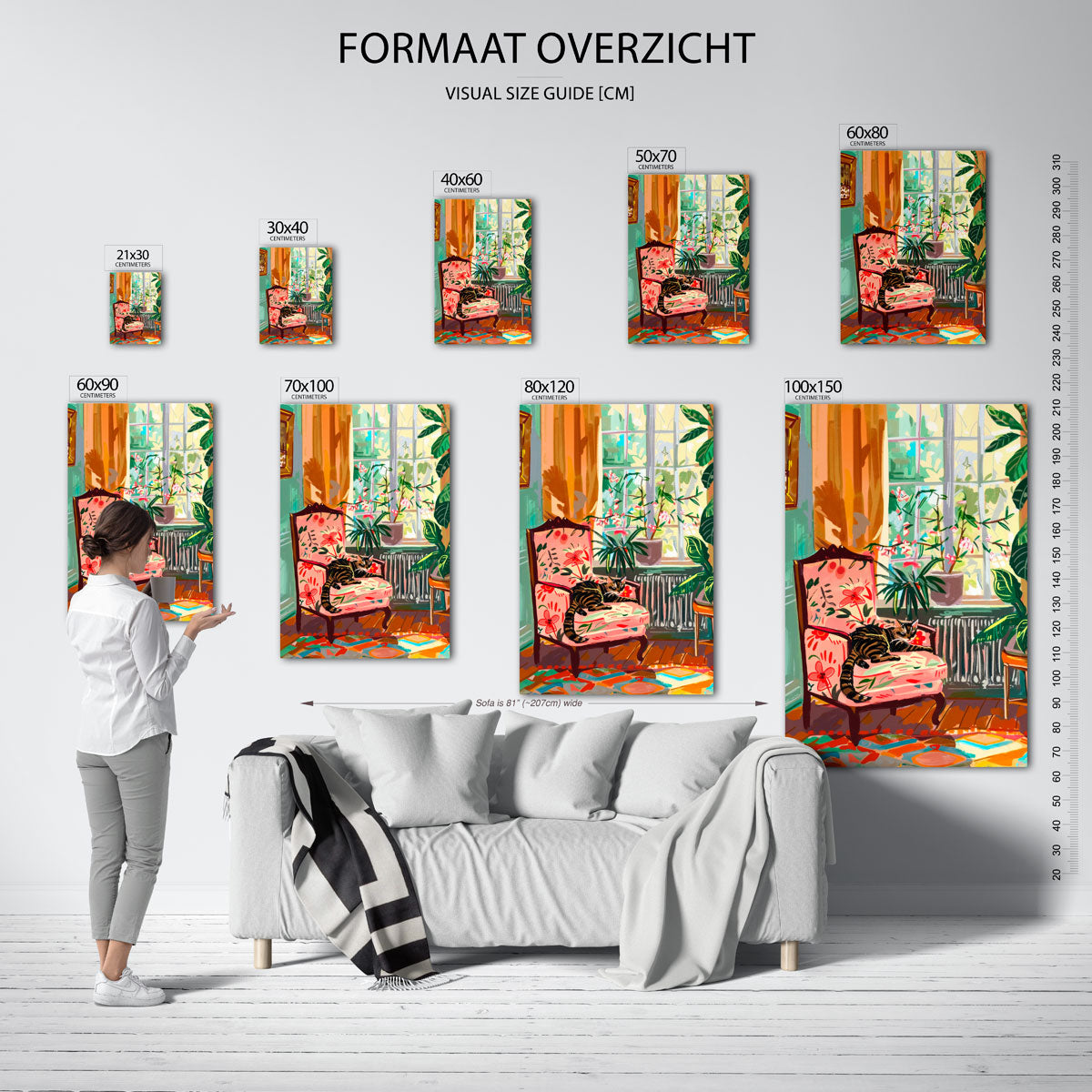 Kat op stoel – staande muurposter met kleurrijke illustratie