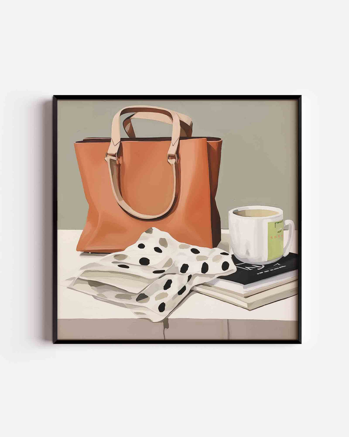 Tas en mok op tafel – vierkante poster met kleur en vormen als wanddecoratie