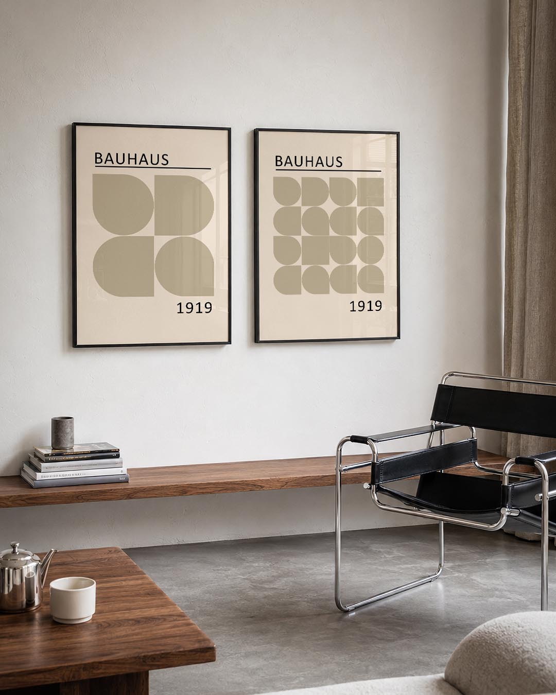 Vorm en balans Posterset-Bauhaus-geïnspireerde geometrische posters in een modern interieur