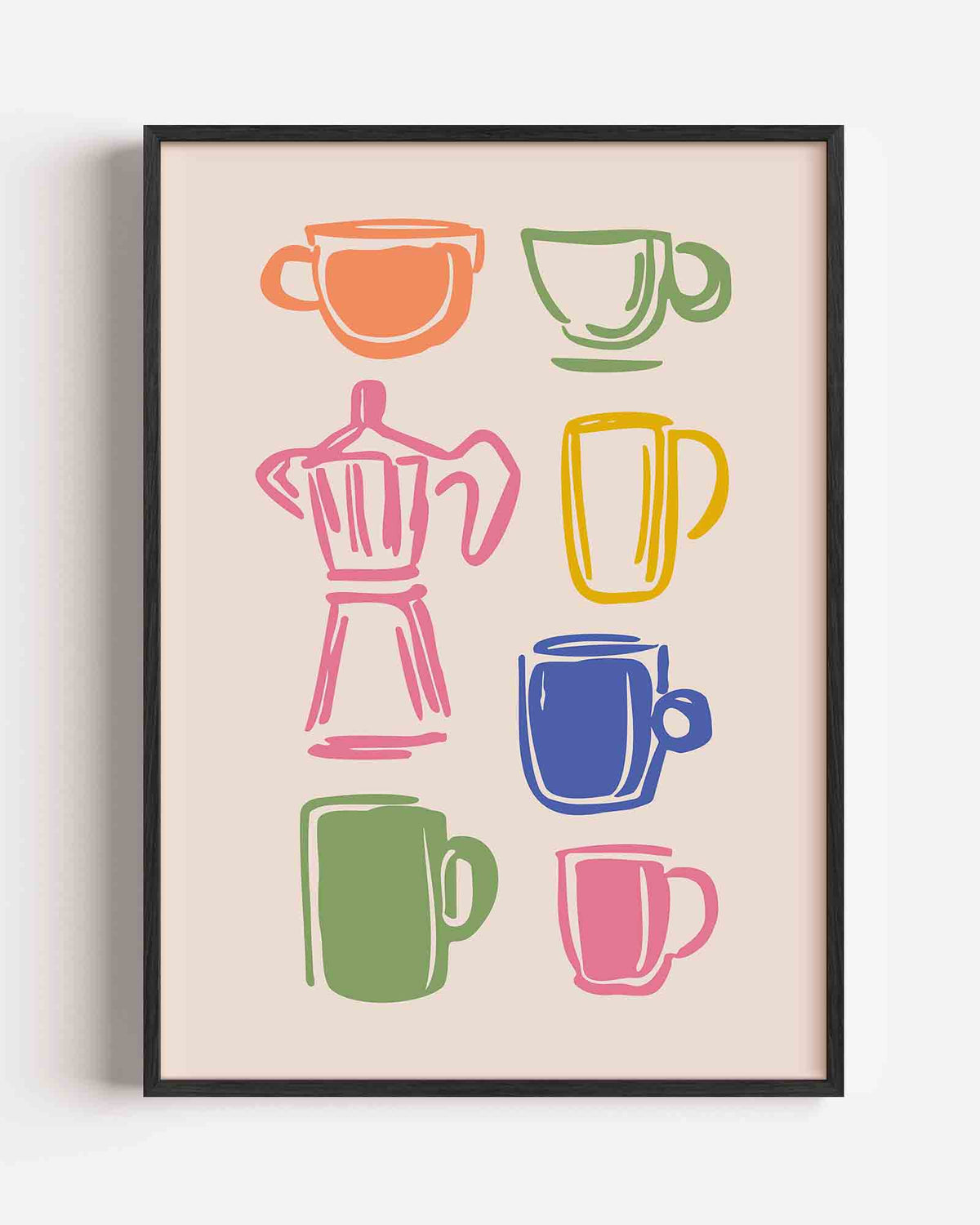 Gekleurde koffiekopjes – keuken portret poster als wanddecoratie
