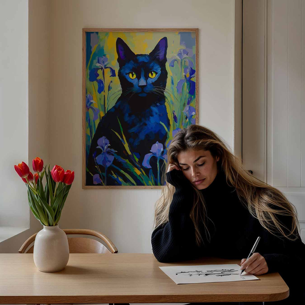 Mystieke Kat en Irissen – staande dieren wanddecoratie van WallArtistic