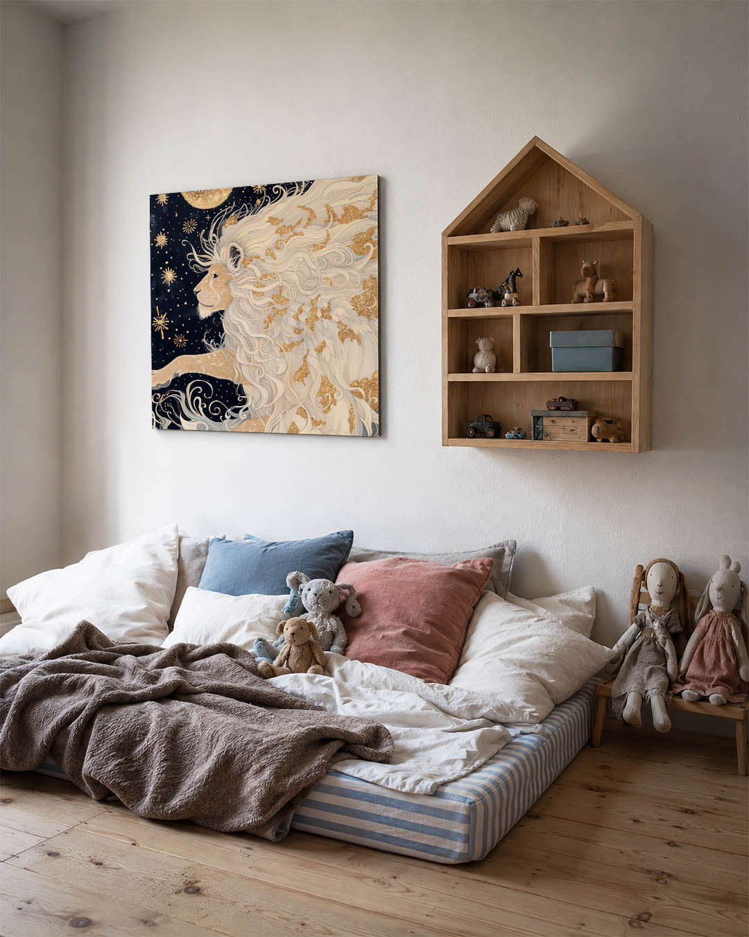 Leeuw met sterren kunstwerk – derde productweergave – dit kunstwerk toont een majestueuze leeuw met een weelderige manen