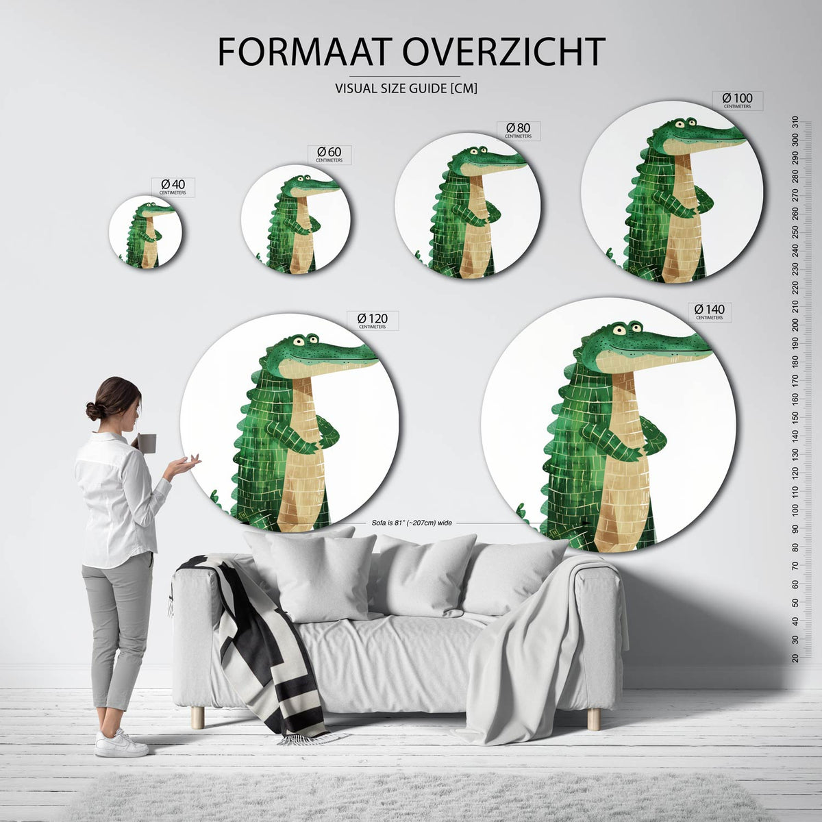 Groene krokodil Muurcirkel – extra productweergave – Een groene krokodil met een beige buik staat centraal op de muurcirkel.