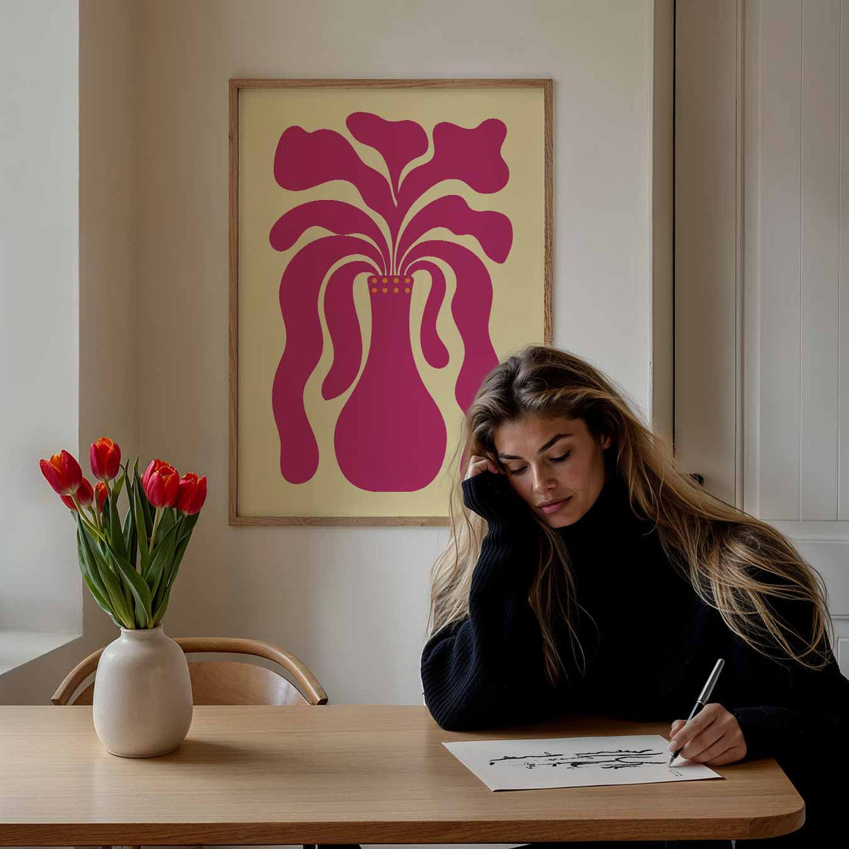 Speelse Vaasvorm Illustratie – bloemen poster als moderne staande wanddecoratie