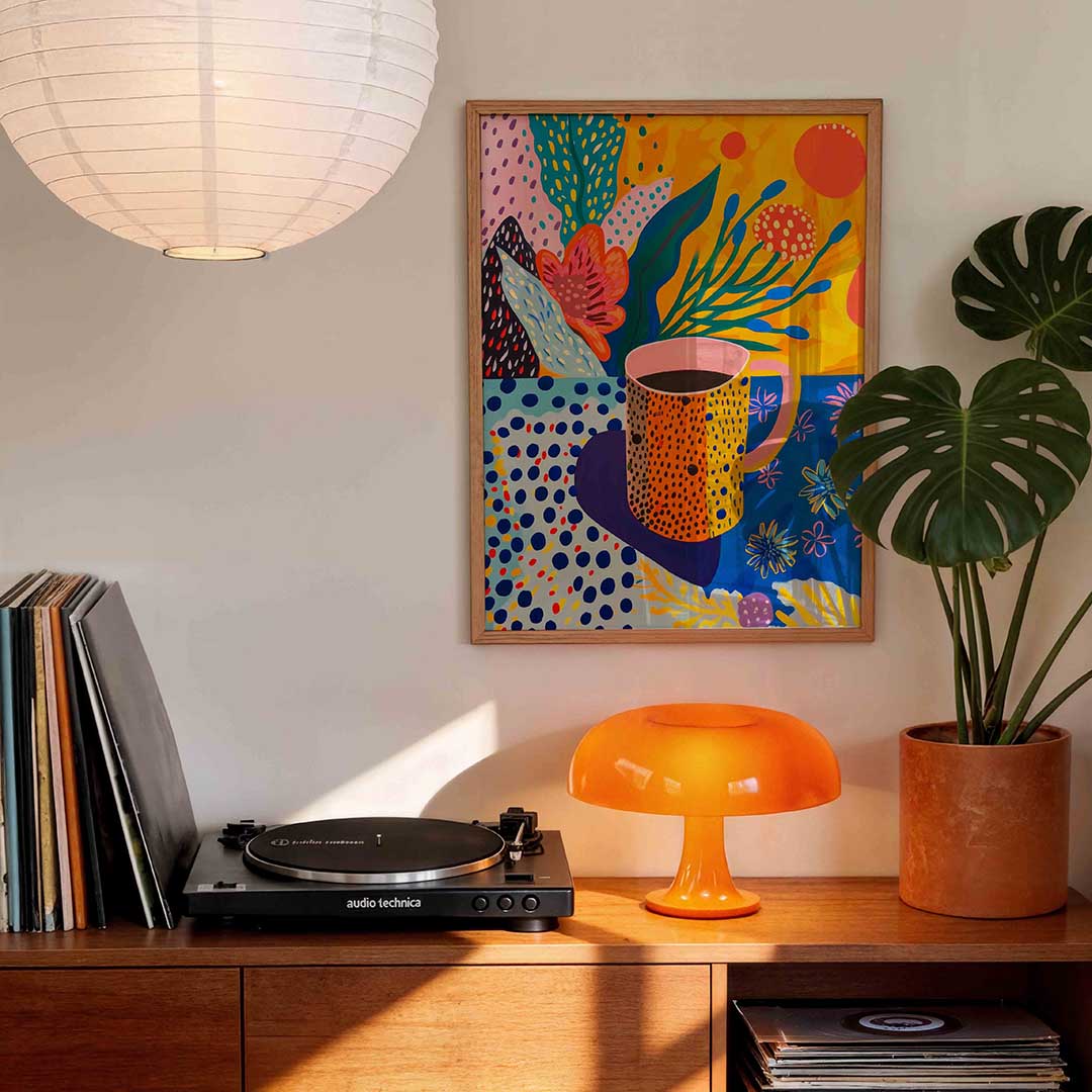 Bloemen en mok – staande kleurrijke wanddecoratie van WallArtistic