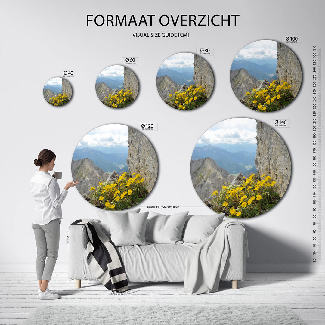 Bergbloemen – ronde wanddecoratie met fotografie