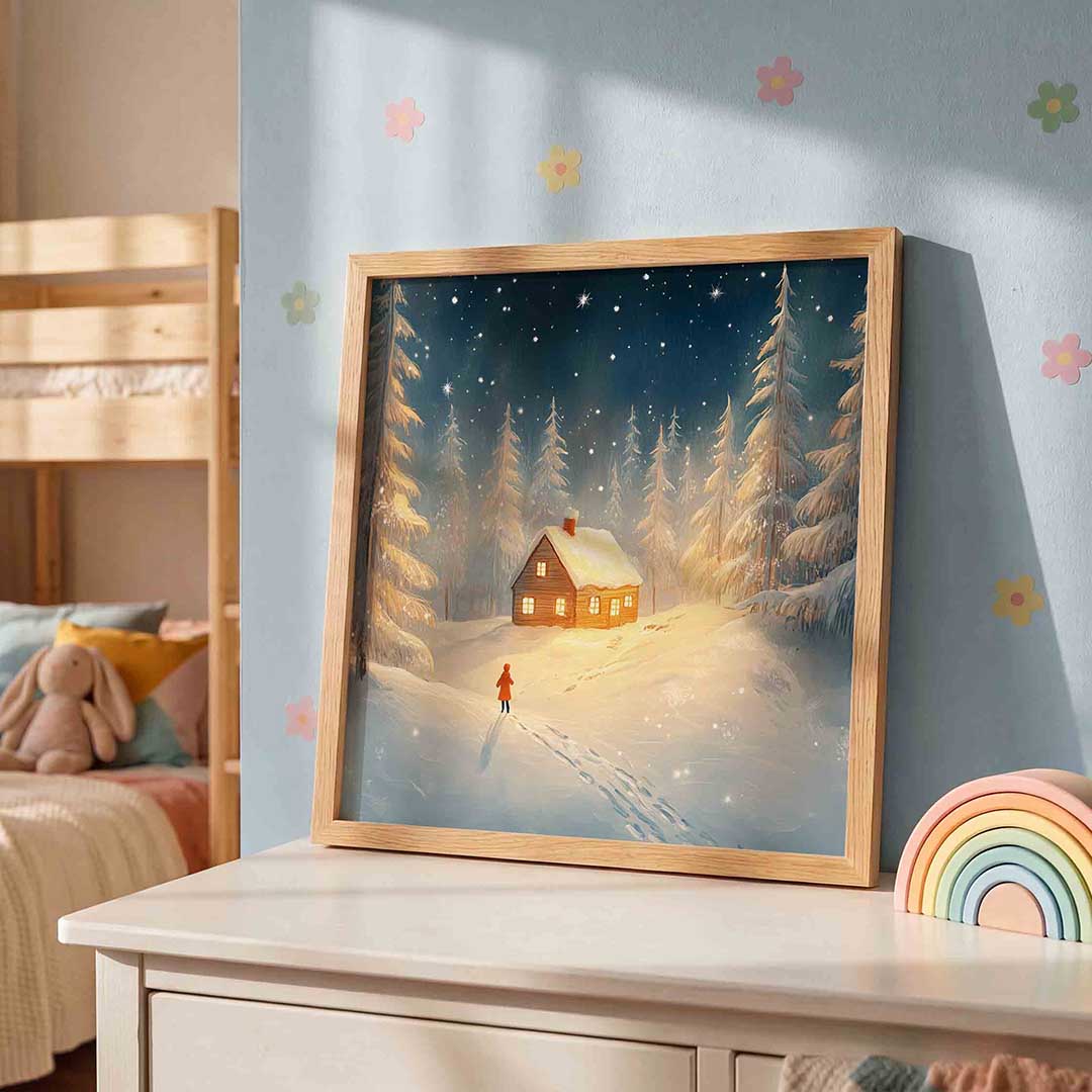 Sneeuwlandschap met huis – speelse wandkunst als vierkante kinderposter