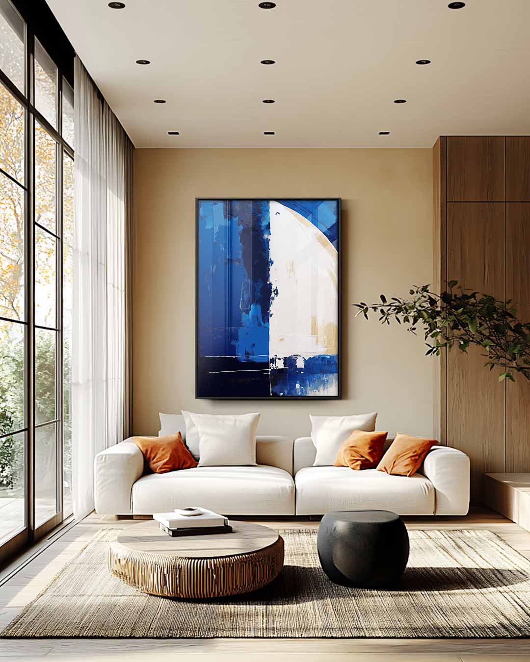 Blauwe Abstracte Harmonie – staande wandkunst voor woonkamer of interieur