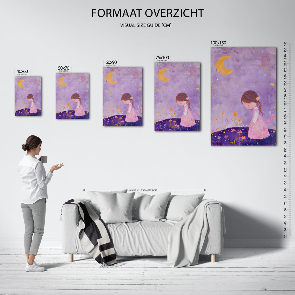 Dromerig meisje en maan – staande wanddecoratie van WallArtistic