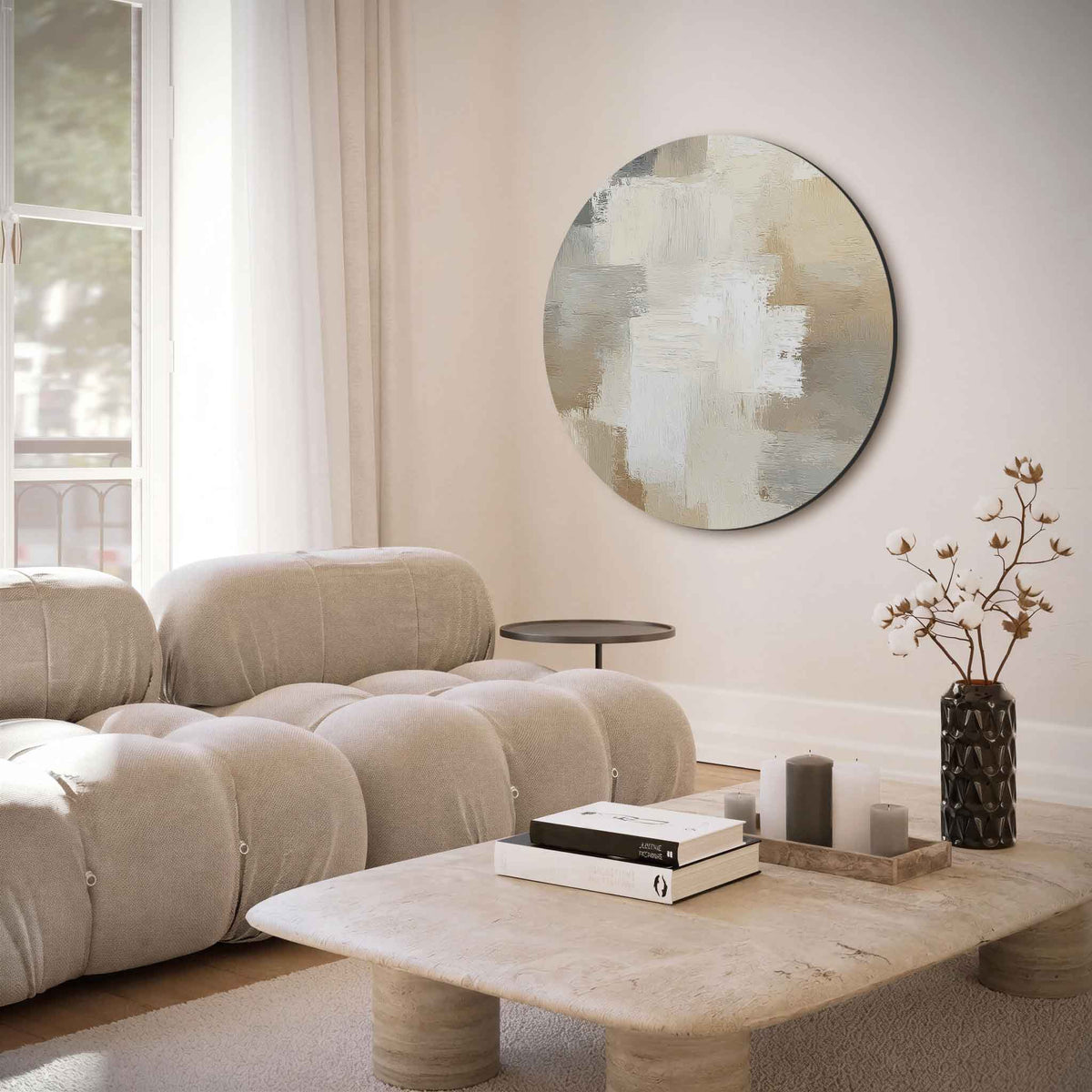 Abstracte beige – moderne abstracte muurcirkel voor aan de muur