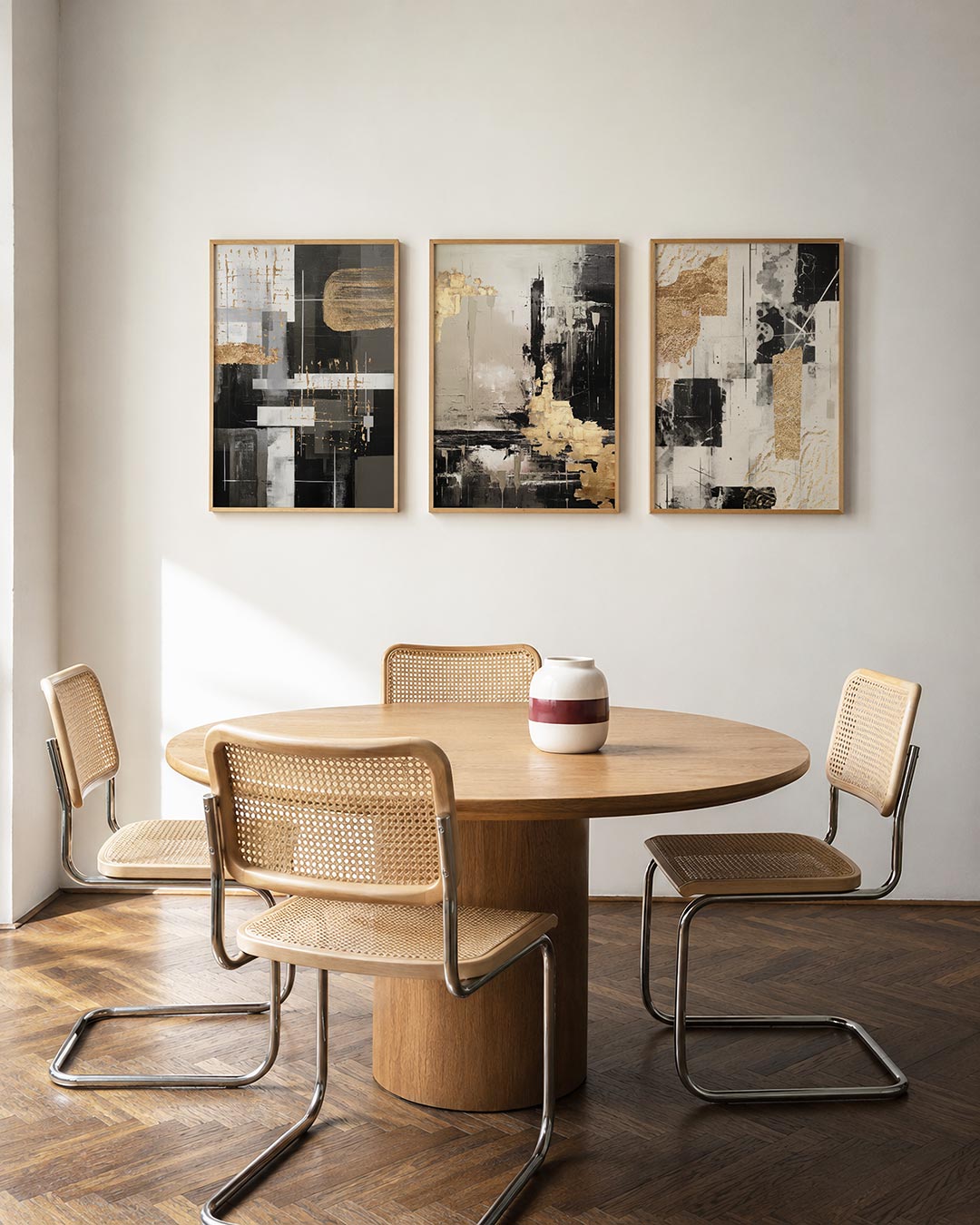 Gouden lijnenspel driedelige posterset in interieur