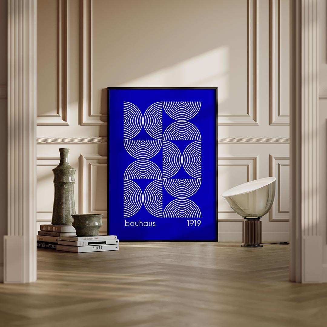Cirkelpatronen blauw – moderne Bauhaus wandkunst als poster