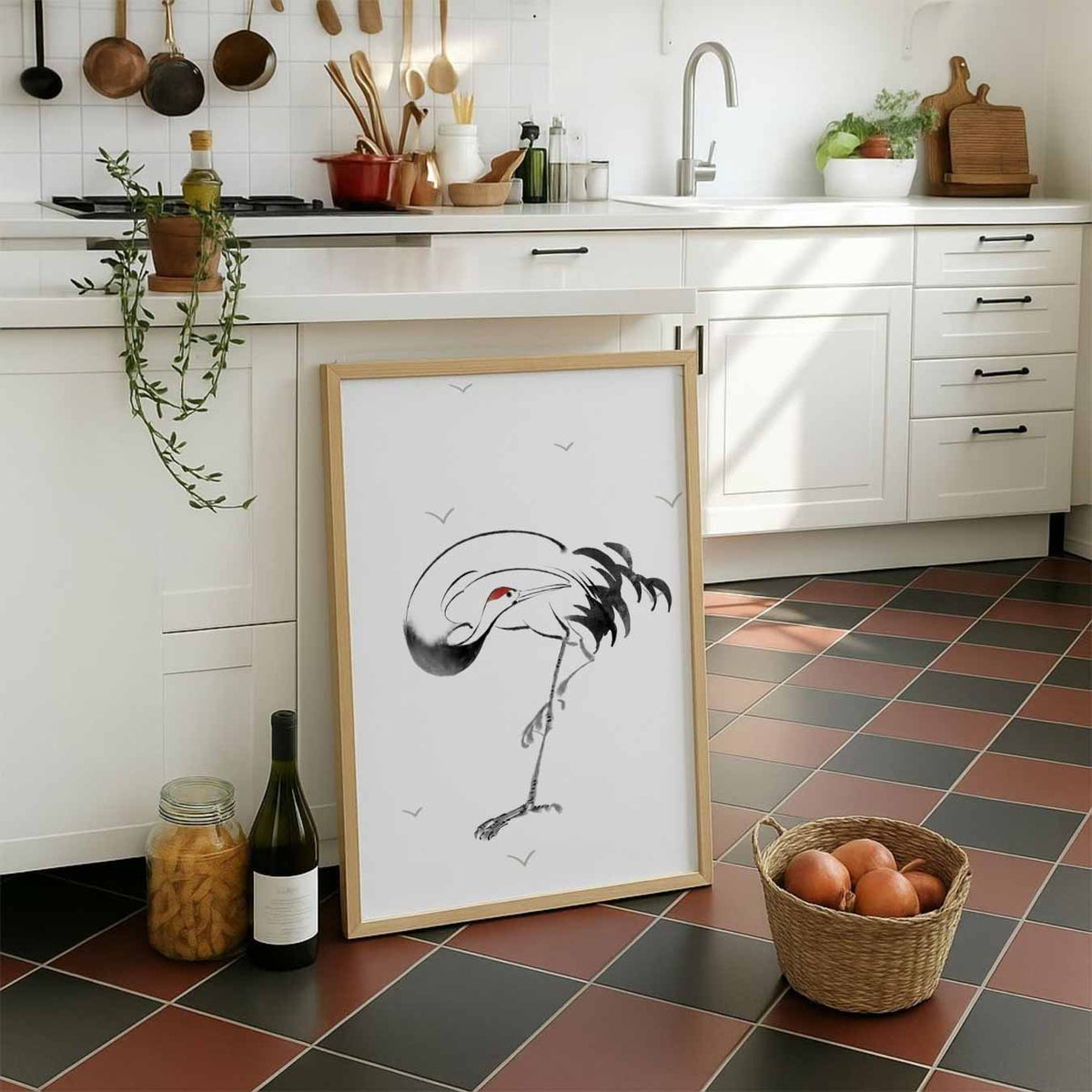 Elegante Kraanvogel Sumi-e – staande muurposter met zomerse uitstraling