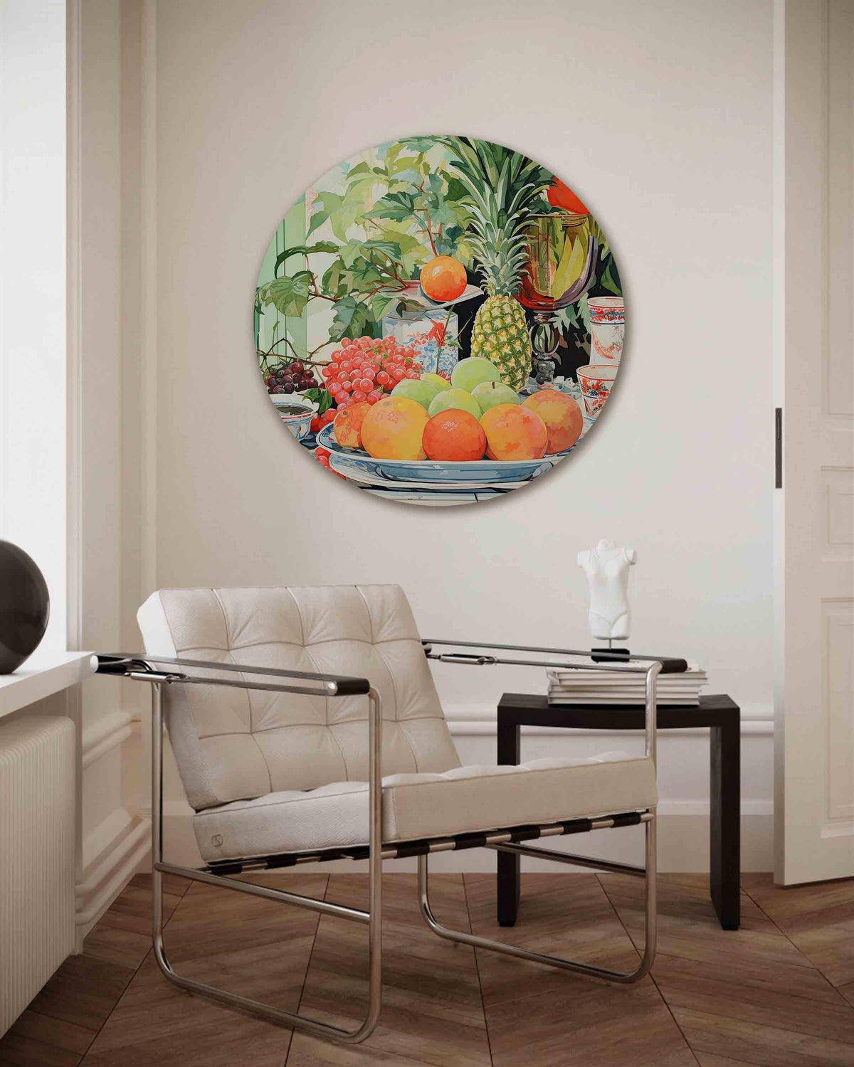 Fruit en servies – kleurrijke muurcirkel als ronde wanddecoratie