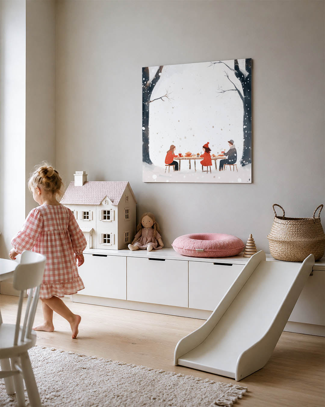 Winterse tafelscene kunstwerk – tweede productweergave – een serene winterse tafelscene met drie figuren in warme kleding