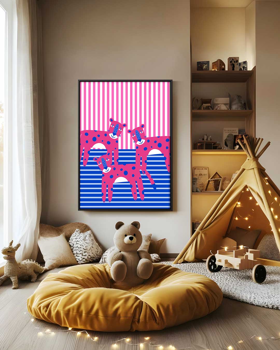 Vrolijke Roze Luipaarden – modern portret kunstwerk van WallArtistic