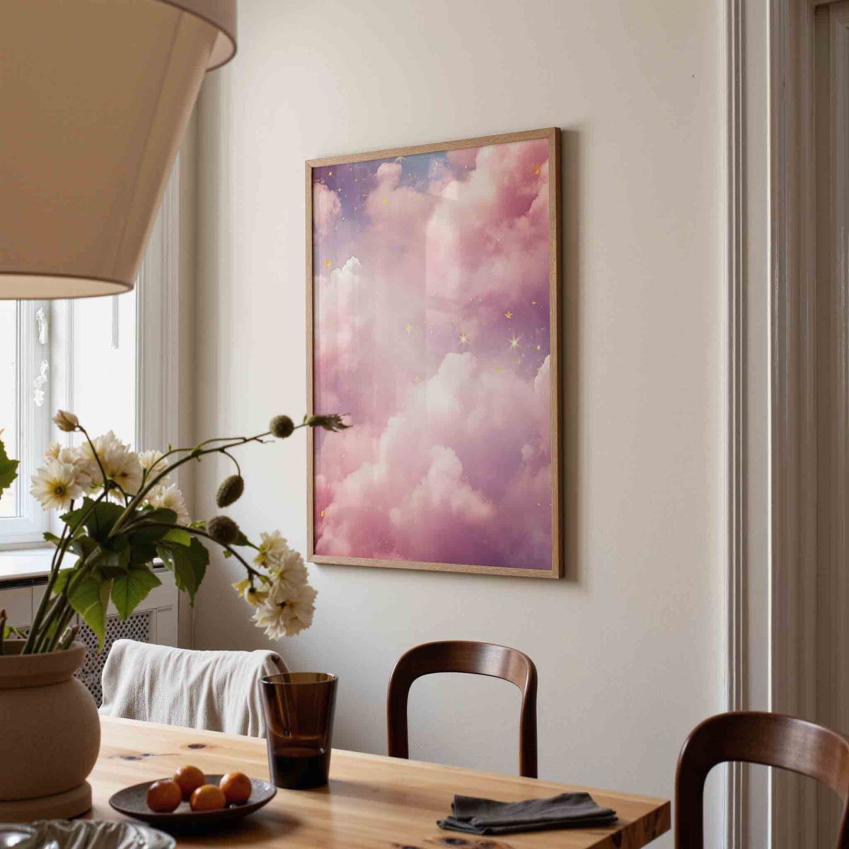 Roze wolken en sterren – kunst en design poster in portret formaat