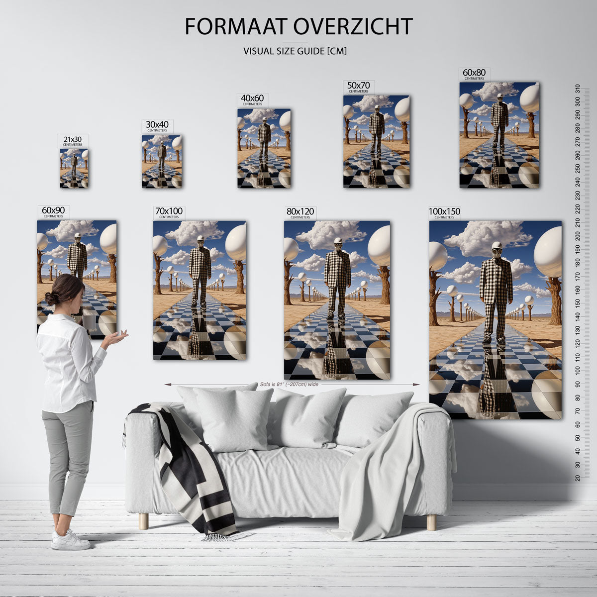 Geblokte figuur en bollen – staande muurposter met surrealistische uitstraling