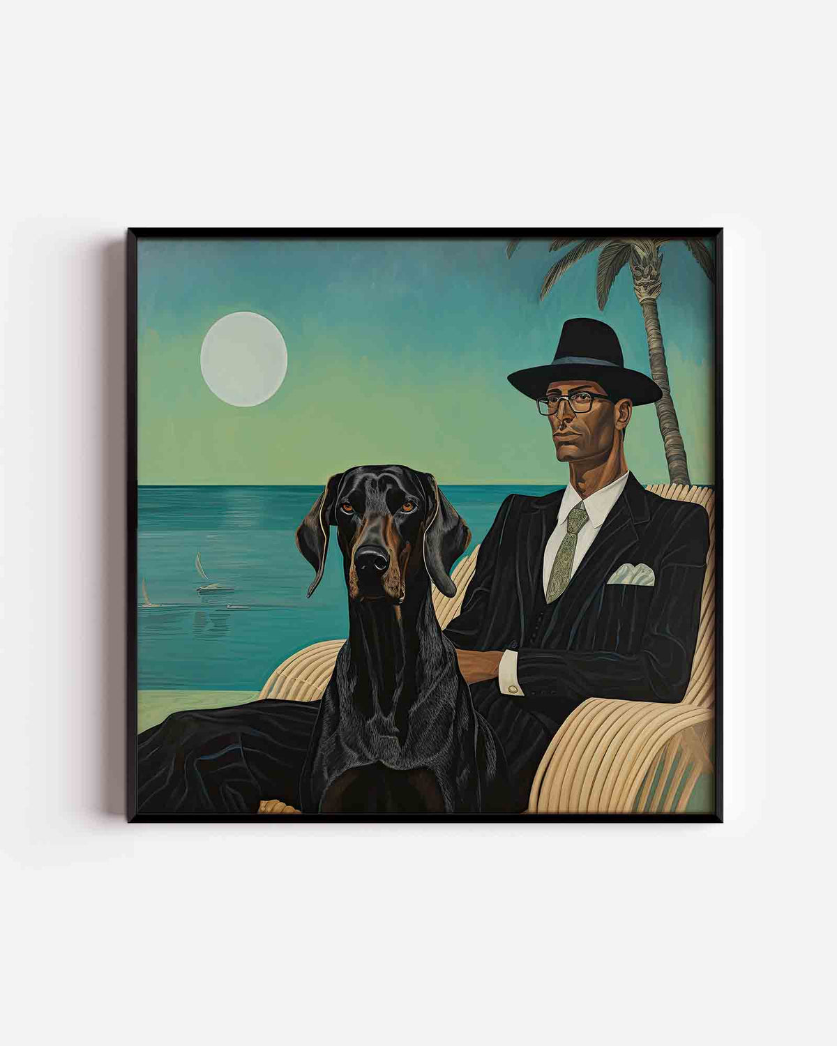 Man en hond bij zee – kleurrijke illustratie poster als wanddecoratie