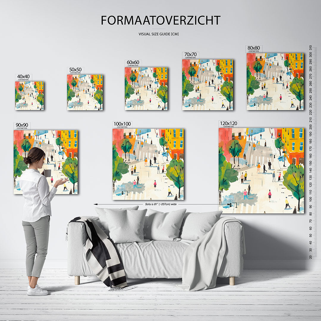 Stadsleven in kleur kunstwerk – sfeerbeeld – dit kunstwerk toont een levendige straat met kleurrijke gebouwen en mensen. De