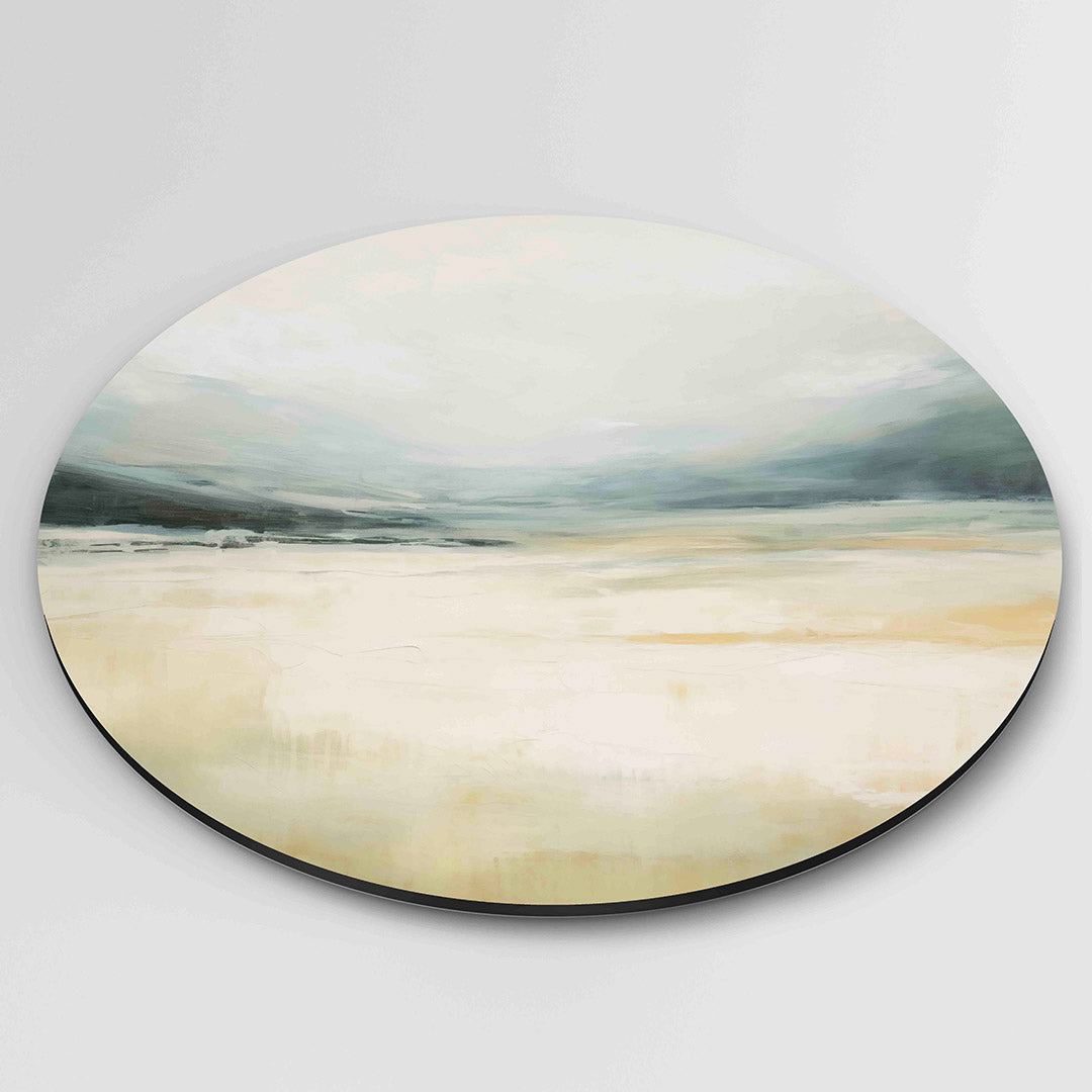 Landschap in beige en blauw – ronde wanddecoratie met abstract ontwerp