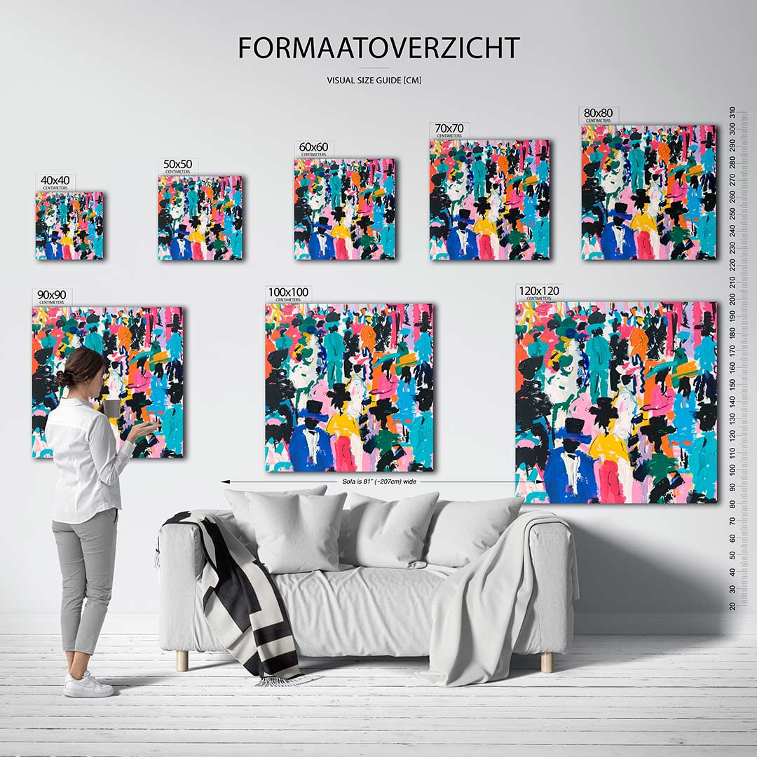 Kleurrijke figuren kunstwerk – sfeerbeeld – dit werk toont een dynamische compositie van kleurrijke, abstracte figuren. De