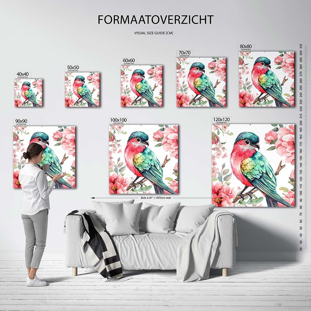Vogel en bloemen kunstwerk – dit kunstwerk toont een kleurrijke vogel omringd door bloemen. De levendige tinten en zachte