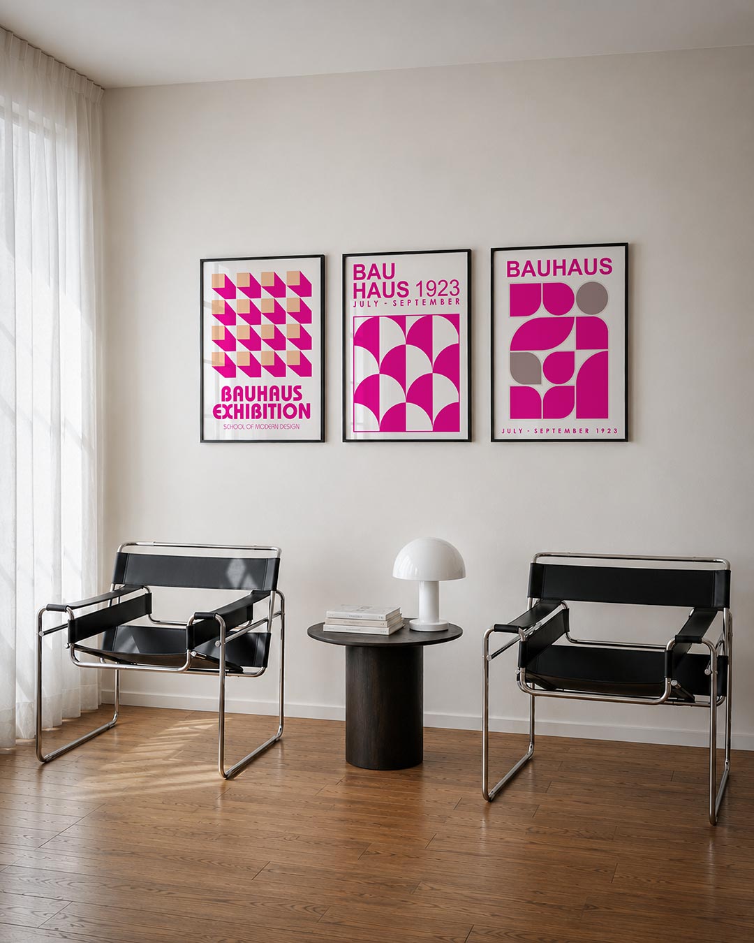 Kleur en ritme posterset – tweede productweergave – deze posterset in drie delen toont een speelse herhaling van roze en