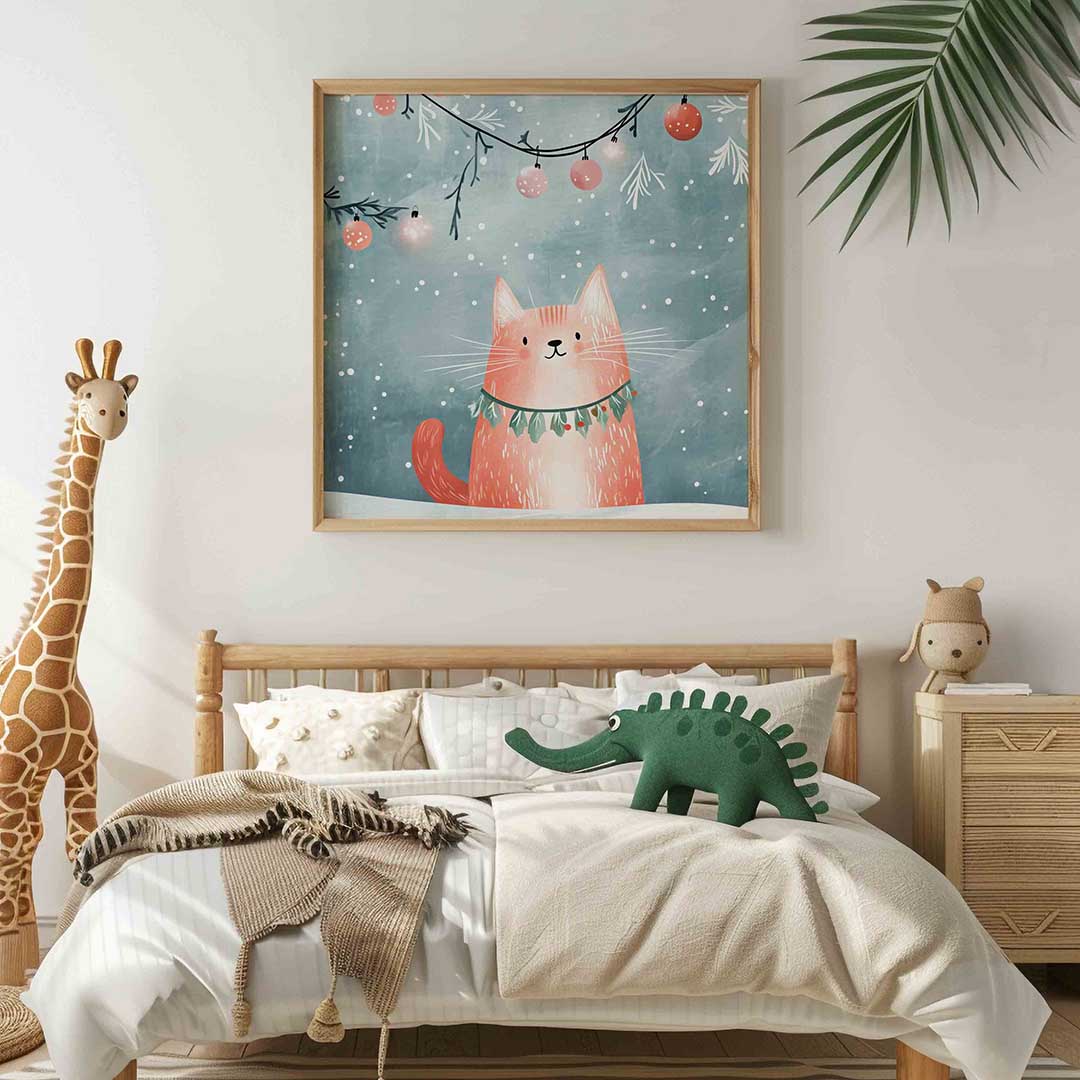 Kat met kerstversiering – vierkante kinderkamer wanddecoratie van WallArtistic