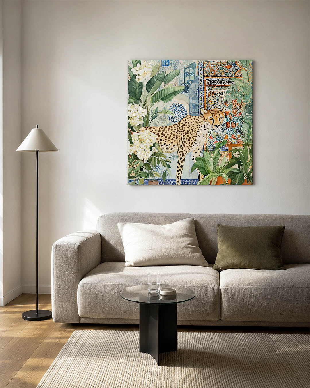 Exotische dierenwereld kunstwerk – detailweergave – dit werk toont een levendige compositie van een cheetah omringd door