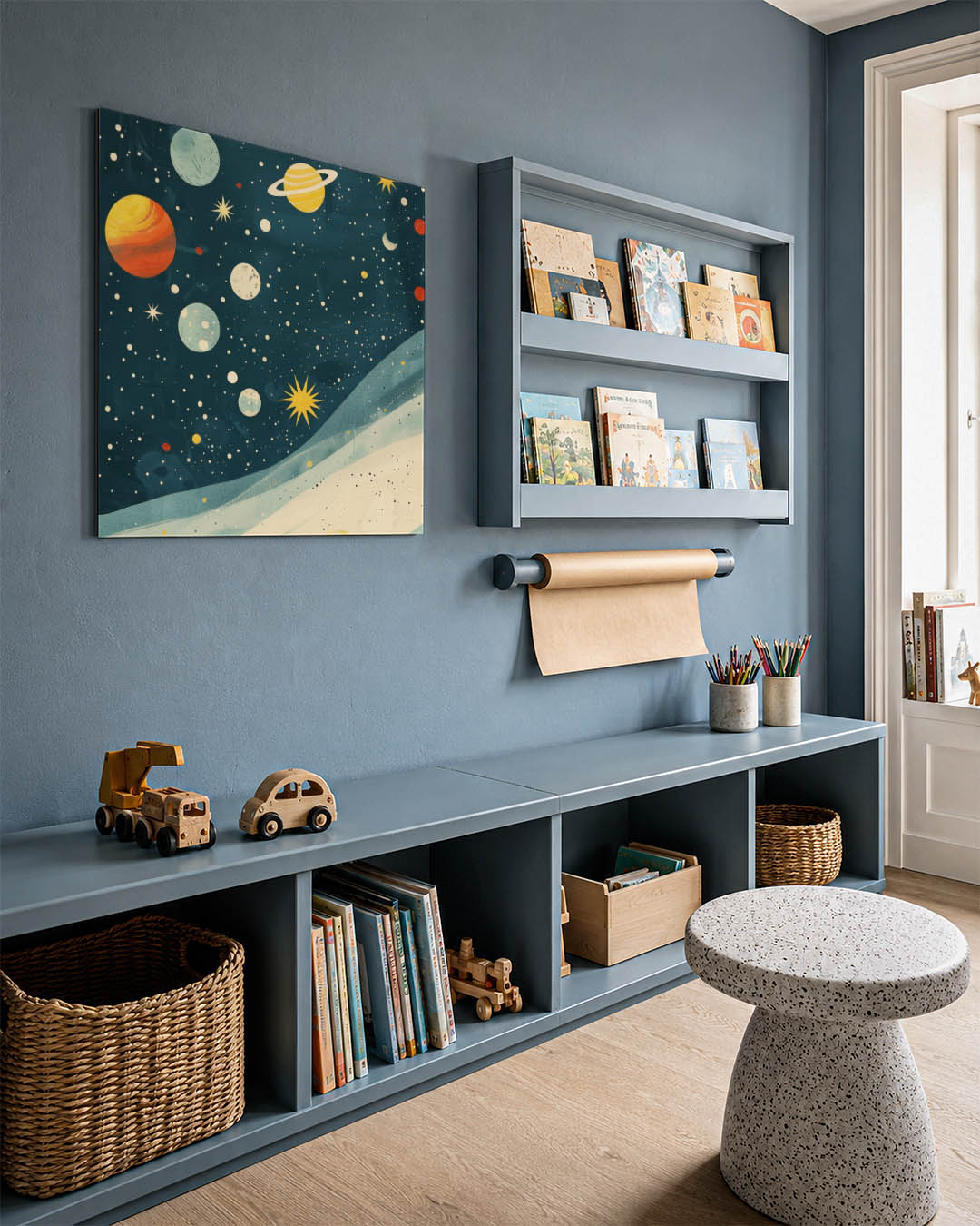 Kosmische vormen kunstwerk – detailweergave – dit kunstwerk toont een levendig universum met planeten en sterren verspreid