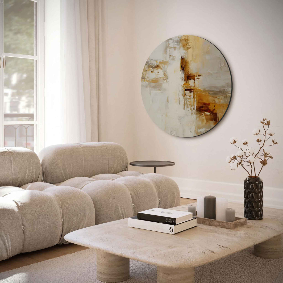 Abstracte beige – moderne abstracte muurcirkel voor aan de muur