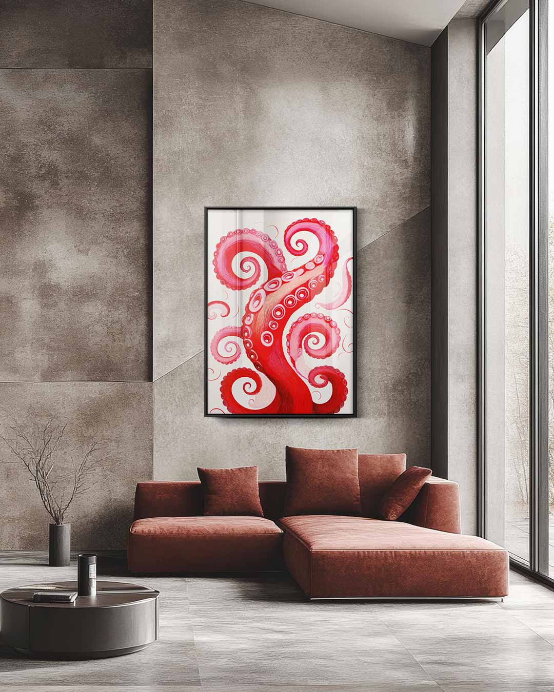 Rode Octopus Tentakel Illusie – staande wandkunst voor woonkamer of interieur