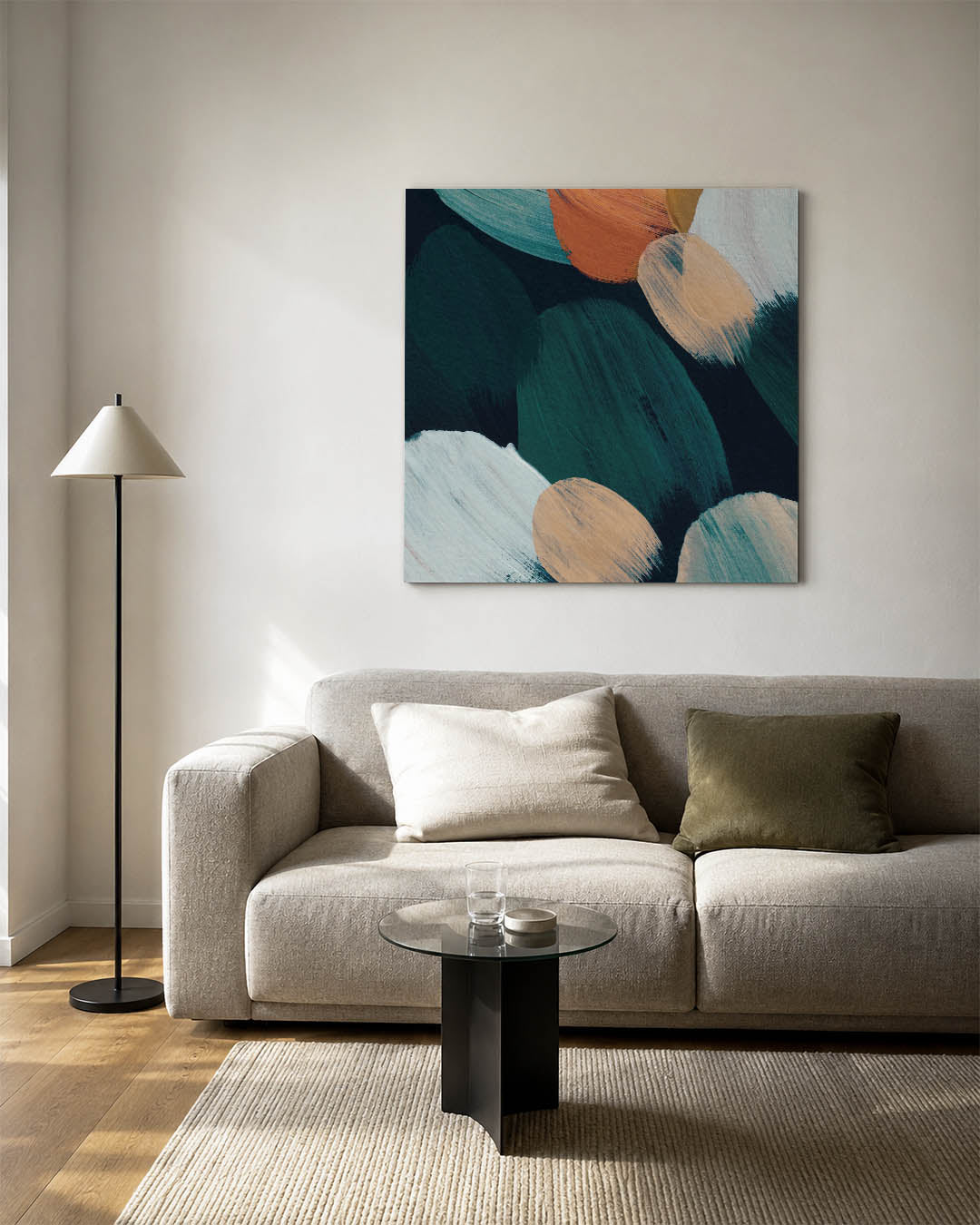 Kleurencompositie kunstwerk – detailweergave – dit werk toont een levendige mix van vloeiende penseelstreken in blauw, oranje