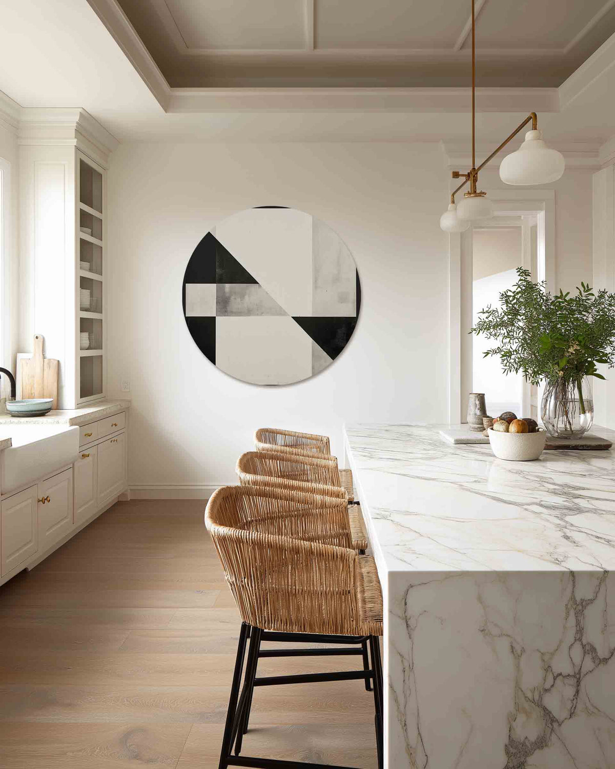 Geometrische zwart wit – abstracte muurcirkel als ronde wanddecoratie