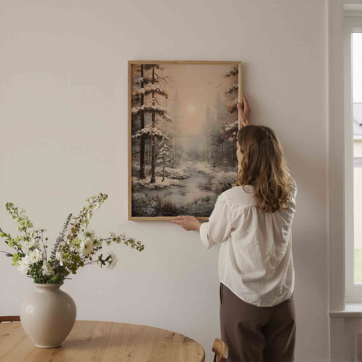 Sneeuwlandschap met bomen – botanische wandkunst als portret poster
